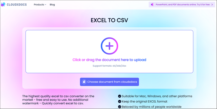 main interface of cloudxdocs online excel to csv converter