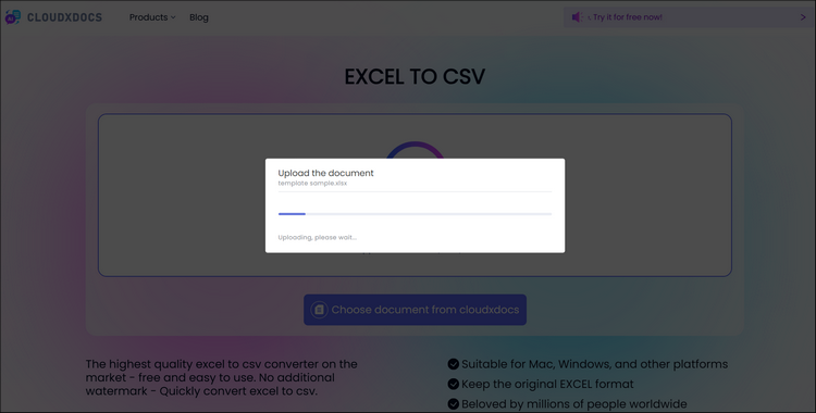 upload your excel file to cloudxdocs online converter