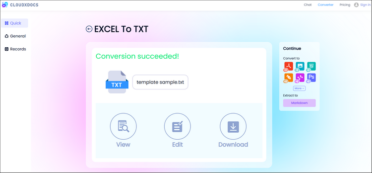 the result page of converting excel to txt with cloudxdocs