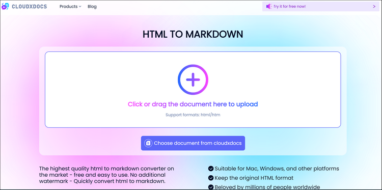main interface of cloudxdocs online html to markdown converter