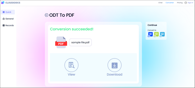 screenshot of converting odt to pdf format with built in print function