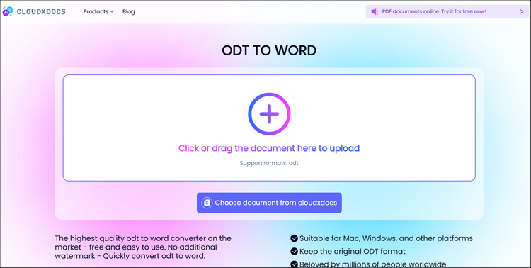 main interface of cloudxdocs online odt to word converter
