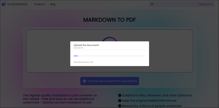 file upload screenshot of cloudxdocs online converter