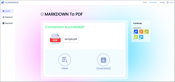 result page of cloudxdocs converting markdown to pdf