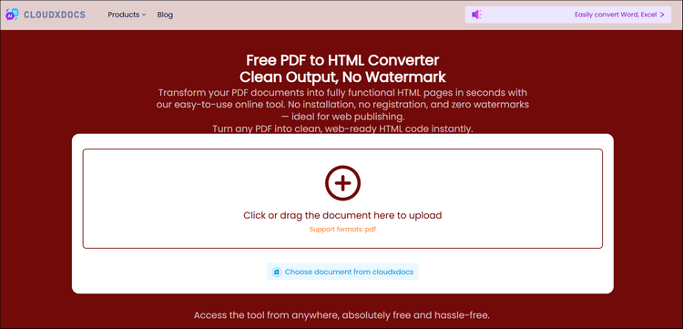 main interface of cloudxdocs pdf to html converter