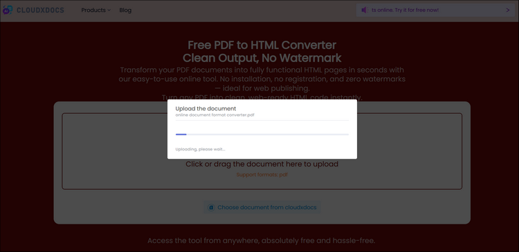 upload pdf file to cloudxdocs onlne pdf to html converter