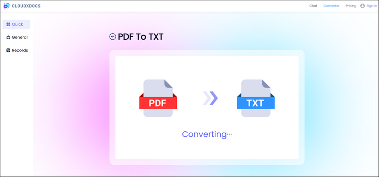 conversion process screenshot of converting pdf to txt with cloudxdocs