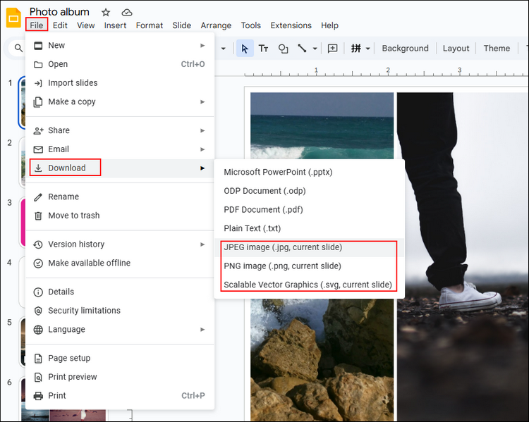 screenshot of using google slides to download ppt slides as images