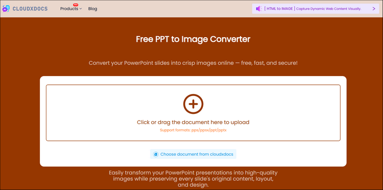 main interface of cloudxdocs online ppt to image converter