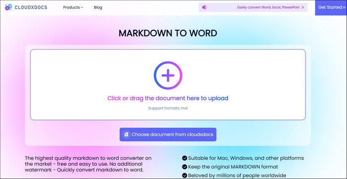 main interface of cloudxdocs markdown to word converter
