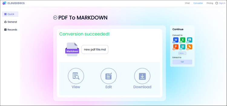result page after pdf to markdown conversion
