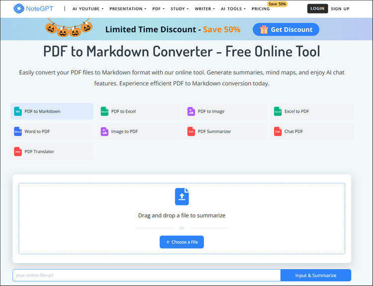 main interface of notegpt pdf to md converter