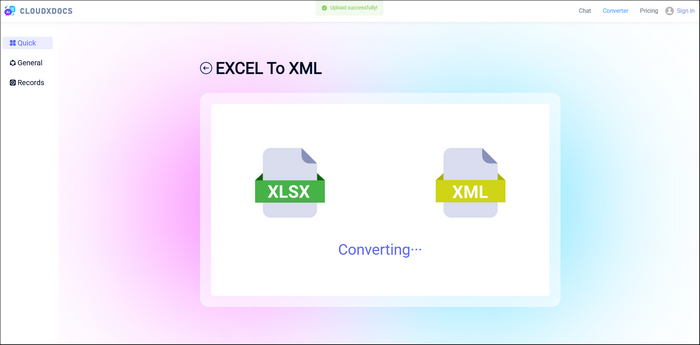 official conversion page of cloudxdocs online excel to xml converter