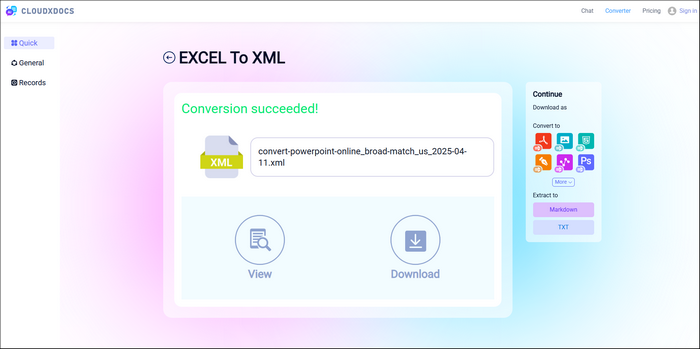 official conversion page of cloudxdocs online excel to xml converter