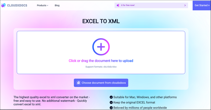 main interface of cloudxdocs excel to xml converter