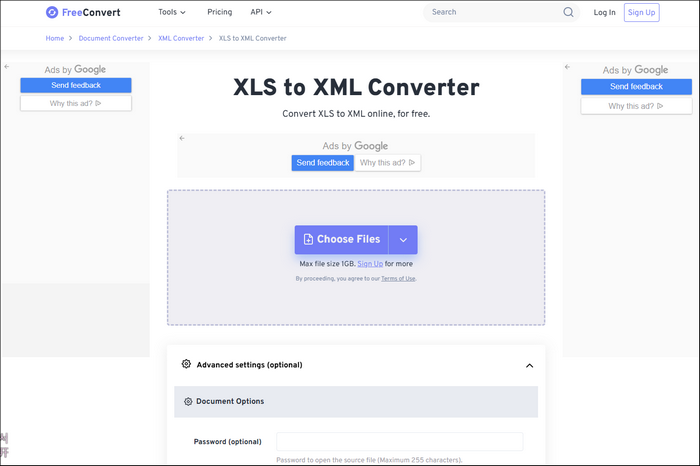 main interface of freeconvert excel to xml converter