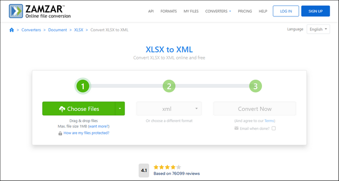 main interface of zamzar excel to xml converter