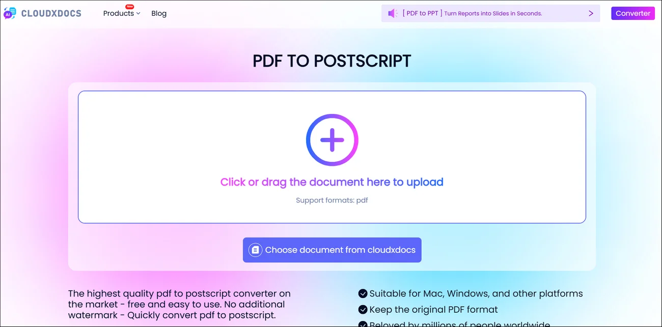 main interface of cloudxdocs online pdf to postscript converter