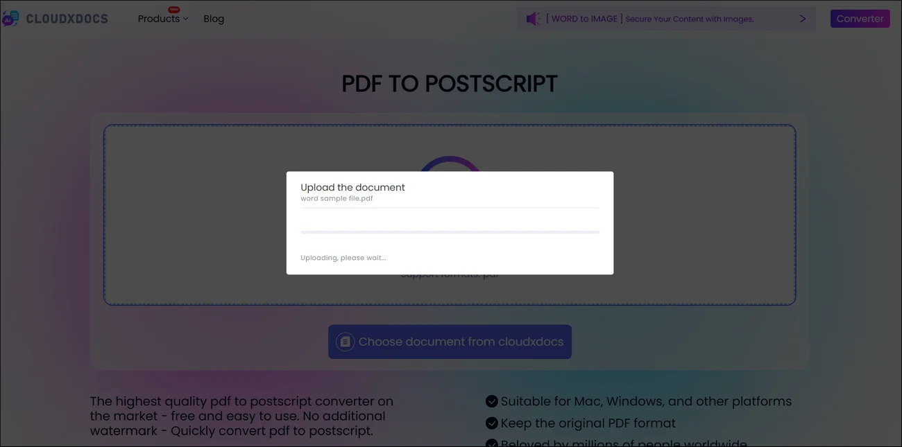 interface of cloudxdocs pdf to postscript conversion process