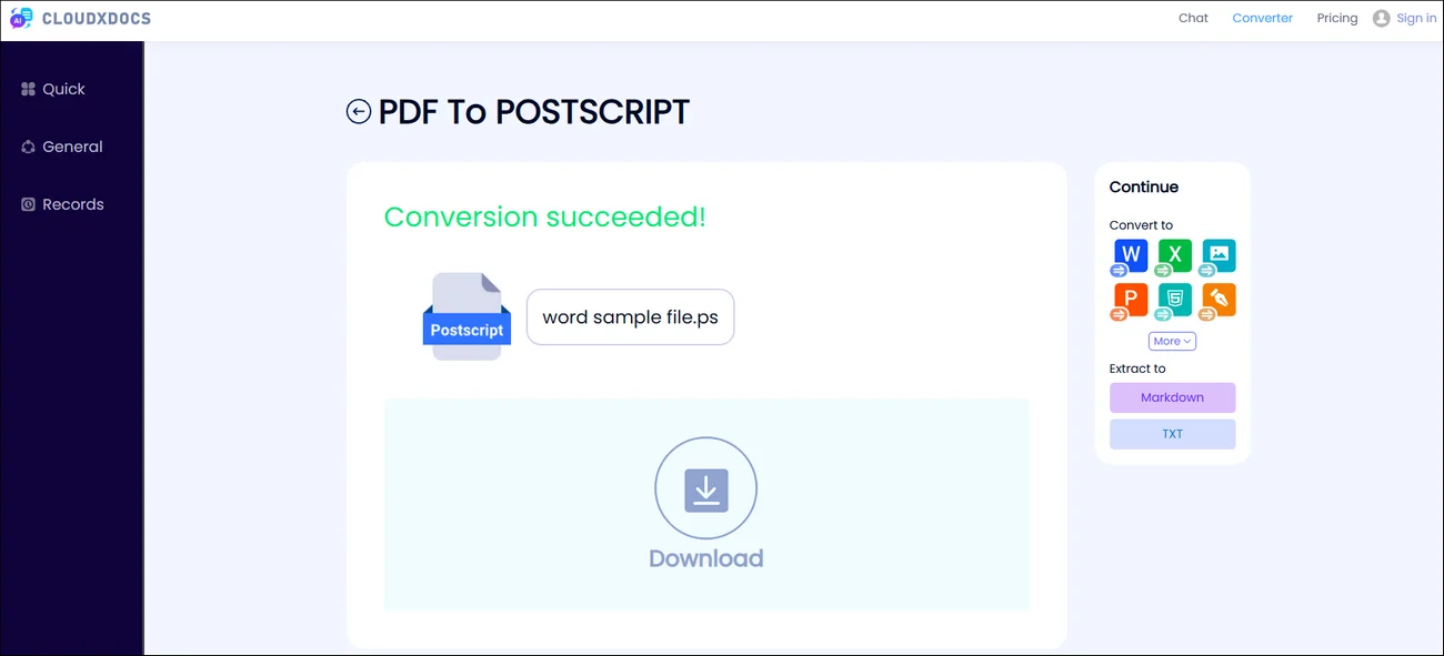 result page of using cloudxdocs to download the converted postscript file