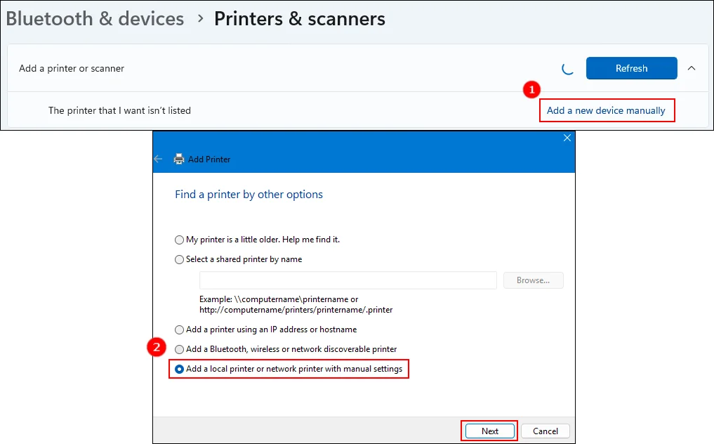 second step to add a ps printer with manual settings