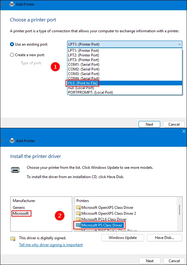 manual setting interface of adding a postscript printer on your windows computer