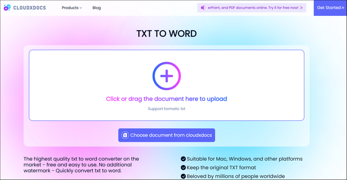 main interface of cloudxdocs txt to word converter