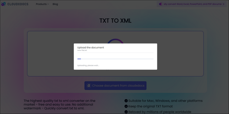 screenshot of uploading txt files to cloudxdocs online converter
