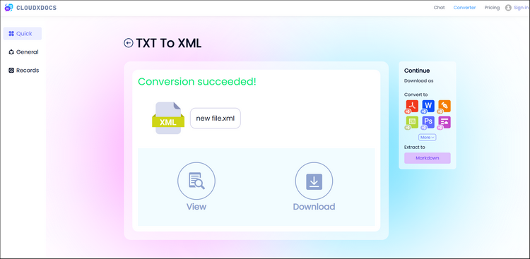 result page of using cloudxdocs to convert txt to xml format