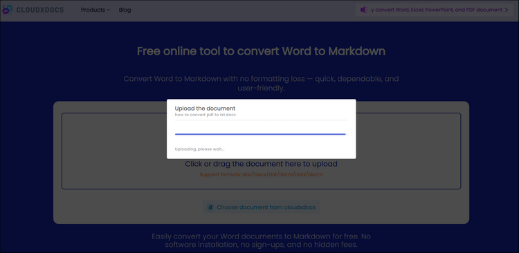 upload your word file to cloudxdocs online word to markdown converter