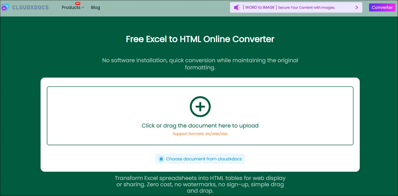 main interface of cloudxdocs excel to html converter