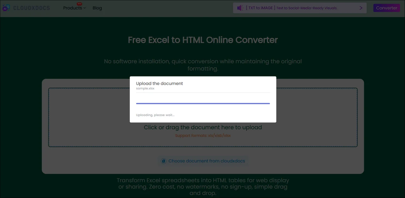 main interface of cloudxdocs excel to html converter
