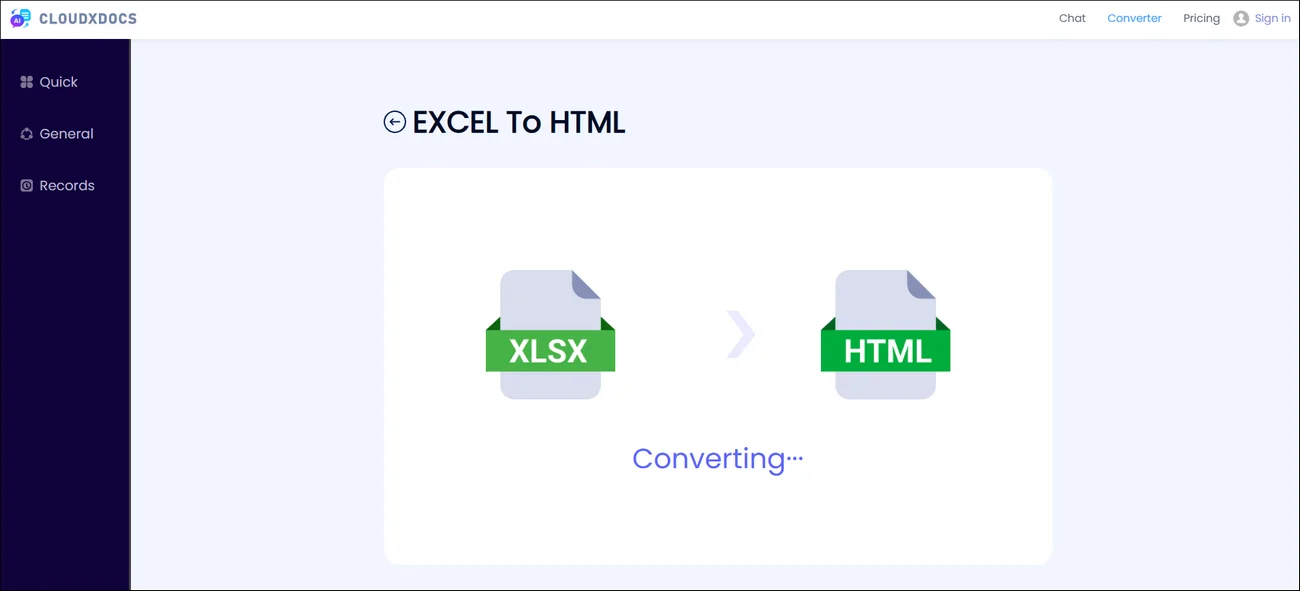 main interface of cloudxdocs excel to html converter
