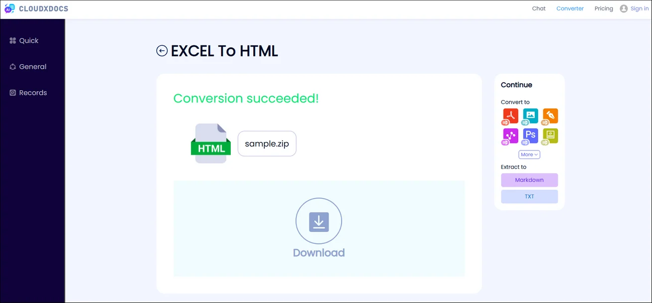 main interface of cloudxdocs excel to html converter