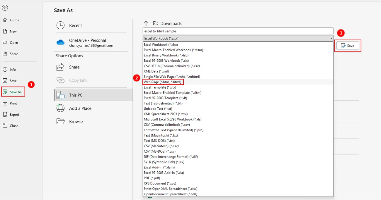 screenshot of using microsoft excel to convert excel file to html format directly