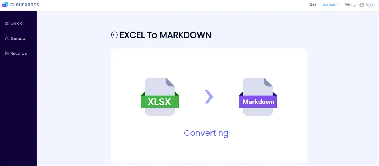 main interface of CloudxDocs Online Excel to Markdown Converter