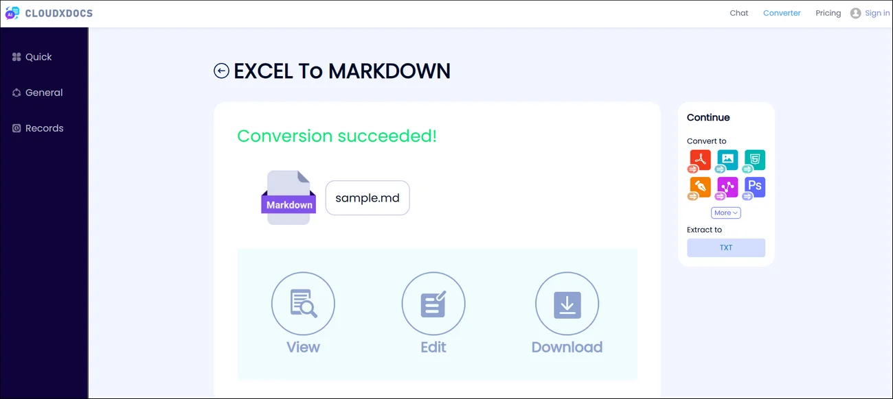 main interface of CloudxDocs Online Excel to Markdown Converter