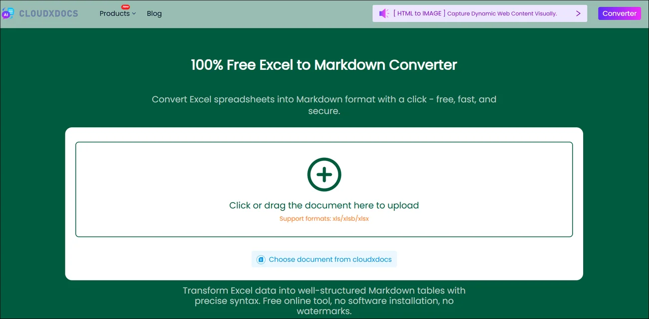 main interface of CloudxDocs Online Excel to Markdown Converter