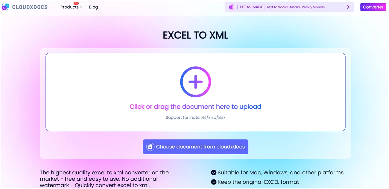 main interface of cloudxdocs online excel to xml converter