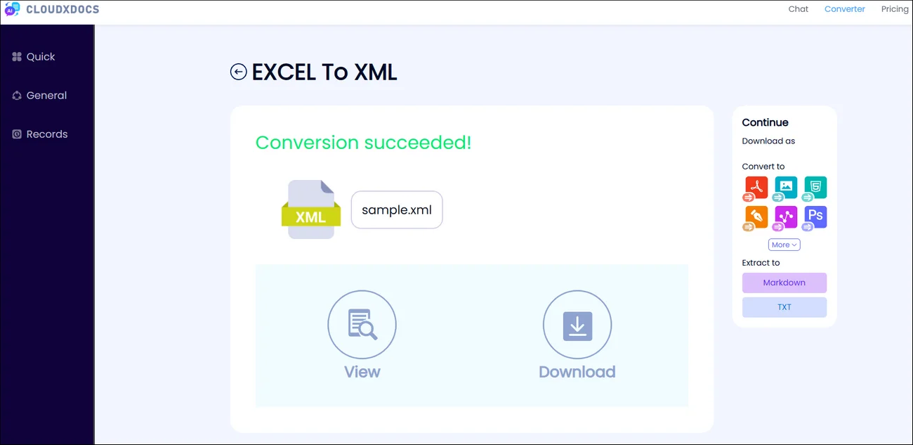 result page of cloudxdocs excel to xml conversion