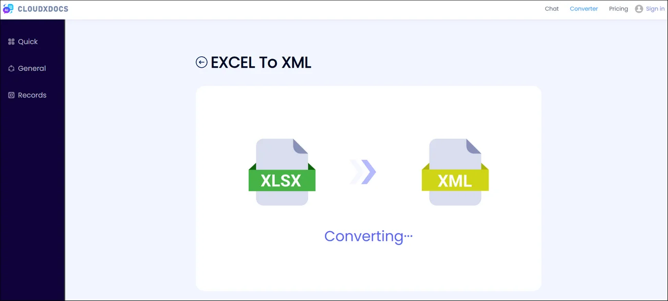 screenshot of cloudxdocs excel to xml conversion process
