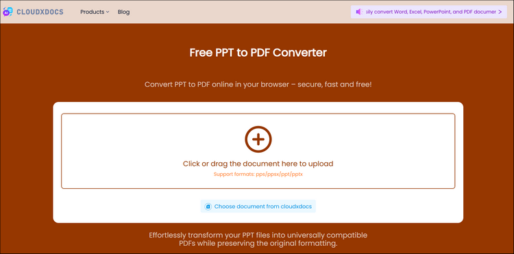 main interface of cloudxdocs ppt to pdf converter