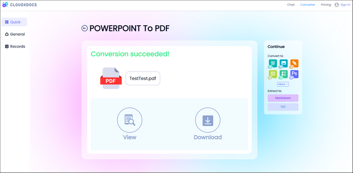 successful conversion screenshot of cloudxdocs ppt to pdf converter
