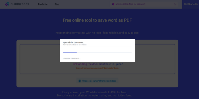 upload screenshot of cloudxdocs online word to pdf converter