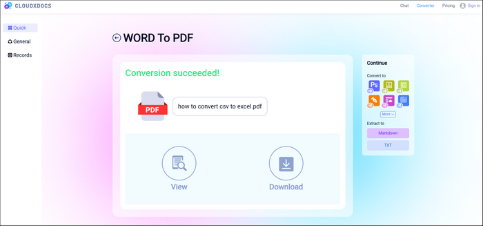 result page of word to pdf conversion
