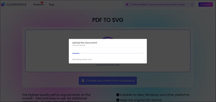 file upload interface of cloudxdocs online converter