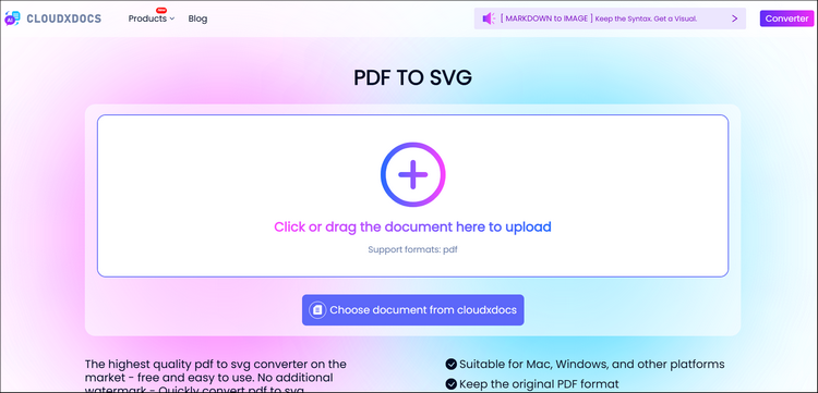 main interface of cloudxdocs online pdf to svg converter