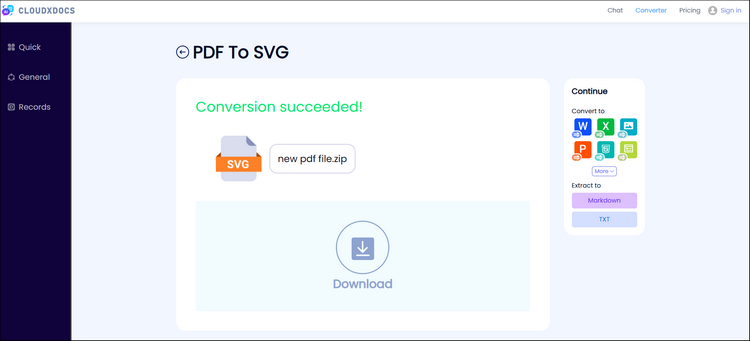 the result page of converting pdf to svg conversion