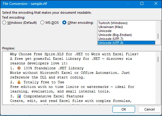 open rtf file in microsoft word with unicode utf-8
