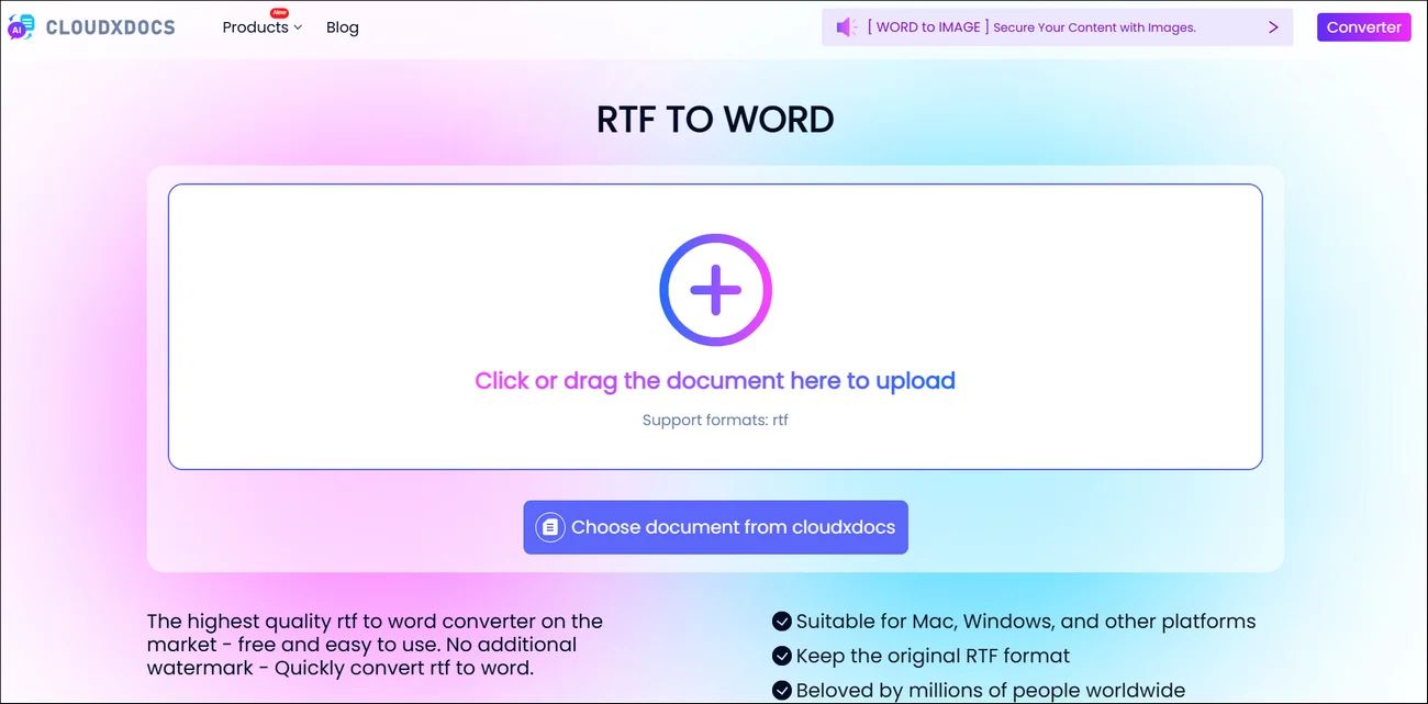 main interface of cloudxdocs online rtf to word converter